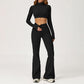 High-Neck Cropped Long Sleeve + Flared Leg Pants 2-Piece Set