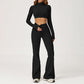 High-Neck Cropped Long Sleeve + Flared Leg Pants 2-Piece Set