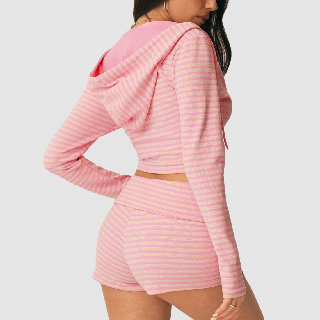Wholesale Women's Striped Hooded Jacket & Foldover Shorts Set