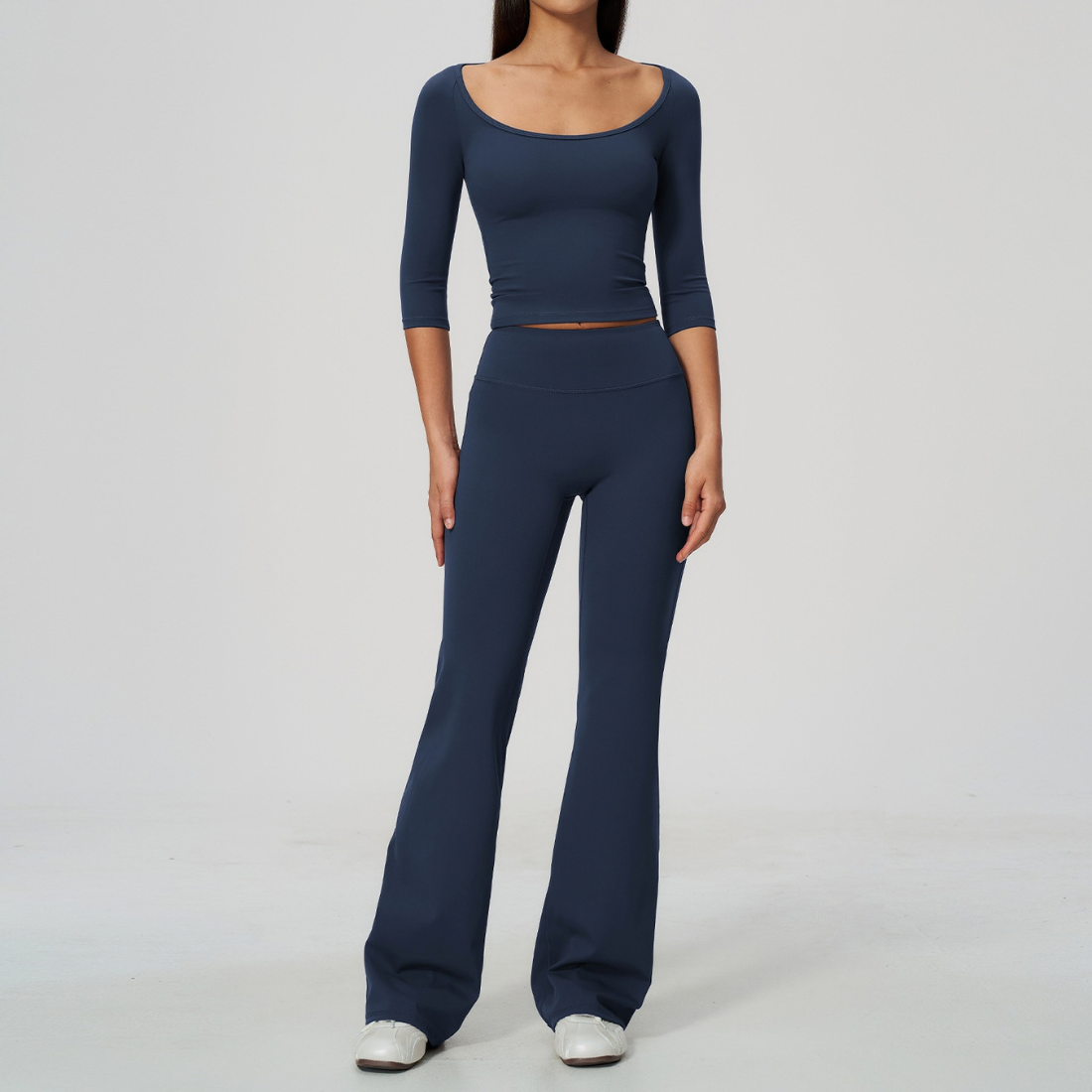 Wholesale Women's Round Neck Mid-Sleeve Tops + Flare Pants Yoga Set