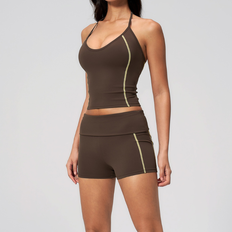 Wholesale Women's Halter V-Neck Color-Block Yoga Set – Slim-Fit Sports Bra & Shorts