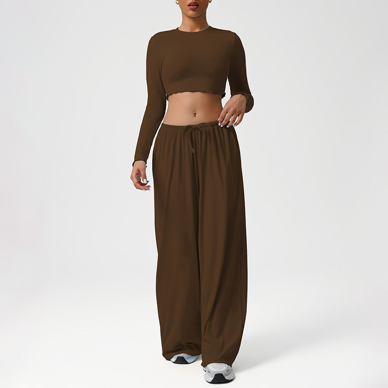 Snug-Fit Cropped Long Sleeves + Loose Drawstring Wide-Leg Pants 2-Piece Set