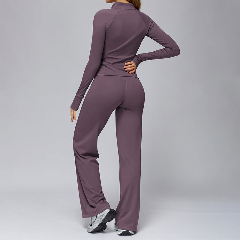 Zippered quick-drying sports jacket+High-waisted wide-leg sweatpants 2-piece set