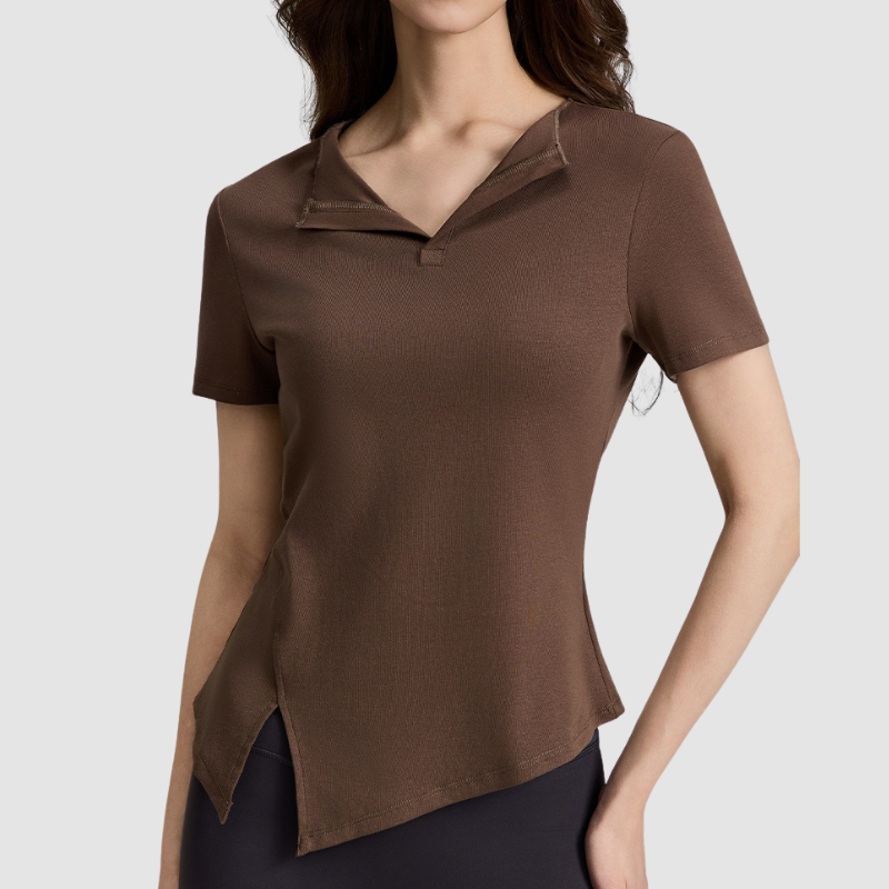 Wholesale Women's Lapel Collar Yoga Short-Sleeve Top with Side Slit Hem