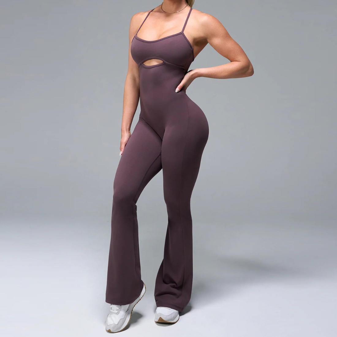 Women's Wholesale Activewear Adjustable Strap Back-Detail Flared-Leg Yoga Jumpsuit