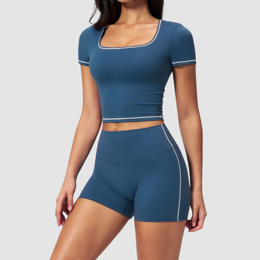 Wholesale Women's Seam-Detail Short Sleeve Crop Top + High-Waist Shorts Set – Butt-Lifting Yoga Gym Activeweare