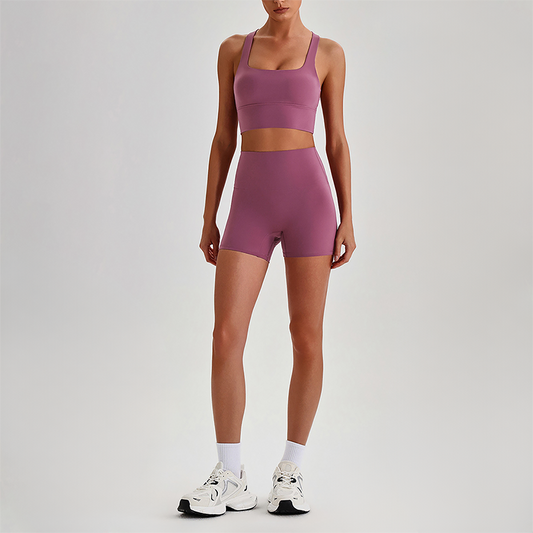 Wholesale Cross-Back Sports Bra & High-Waist Biker Shorts Set – Naked-Feel Quick-Dry Yoga 2-Piece