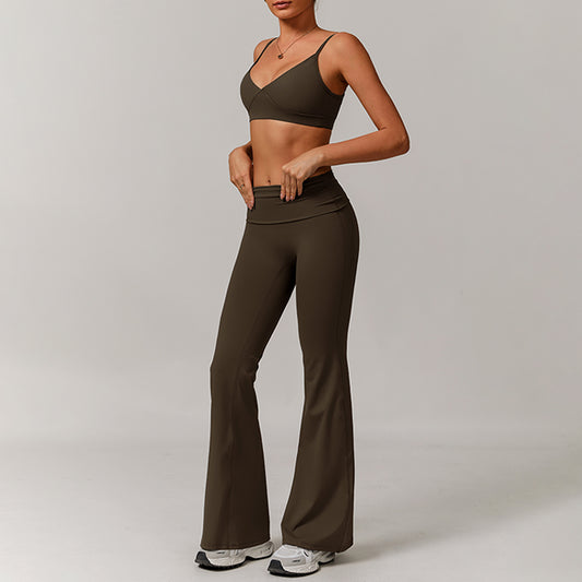 Cuello en forma de V y correas delgadas sujetadores deportivos + pantalones de piernas acampanadas juego de 2 piezas