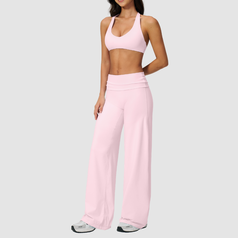 Wholesale Seam-Detail Sports Bra & Fold-up High-Waist Flare Leggings Set