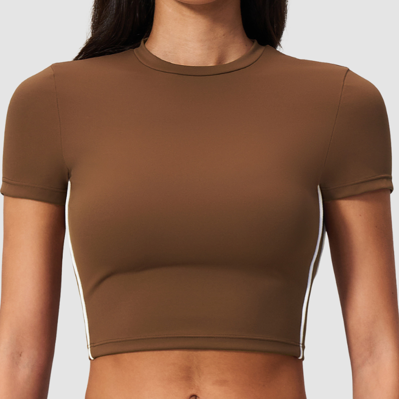 Wholesale Women's Brushed Contrast Piping Short Sleeve Crop Top – Moisture-Wicking Yoga Gym Fitness
