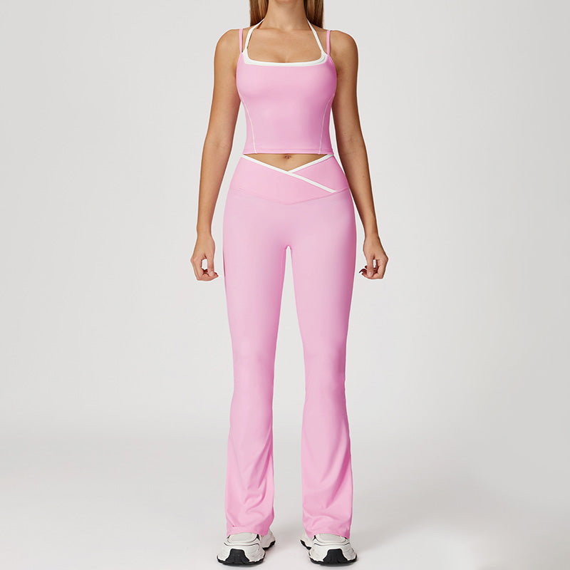 Fake two-piece halter tank top + High-waisted flared leg pants 2 piece Set