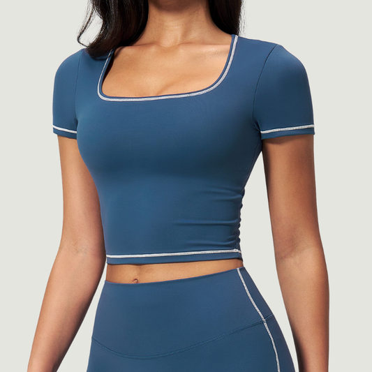 Wholesale Women's Seam-Detail Colorblock Short Sleeve Crop Top – Butt-Lifting Yoga Gym Activewear FDX2036