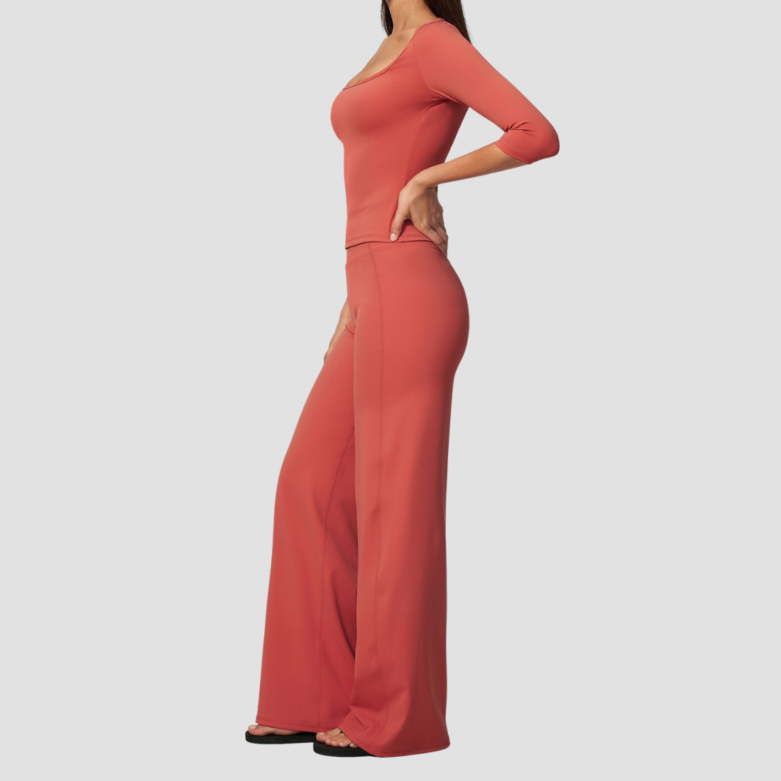 Wholesale Women's Round neck mid sleeve top+Hip lift Wide-Leg Yoga Set