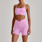 Wholesale Brushed Naked-Feel Open-Back Sports Bra & High-Waist Shorts Set – Sculpting Yoga 2-Piece