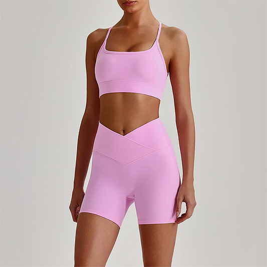 Wholesale Brushed Naked-Feel Open-Back Sports Bra & High-Waist Shorts Set – Sculpting Yoga 2-Piece
