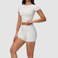 Wholesale Seam-Detail Cropped Short-Sleeve Top & High-Waist Biker Shorts Set – Brushed Yoga 2-Piece