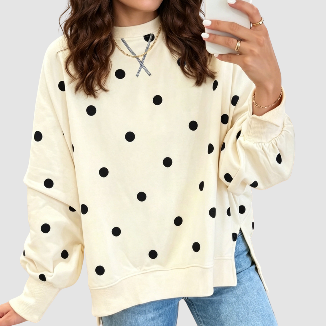 Wholesale Women's Polka Dot Pullover Sweatshirt – Loose Contrast Round-Neck Top