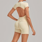 Wholesale Women's Open-Back Pleated Yoga Set Short Sleeve Crop Top & Shorts with Chest Pad