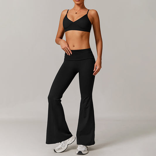 Cuello en forma de V y correas delgadas sujetadores deportivos + pantalones de piernas acampanadas juego de 2 piezas