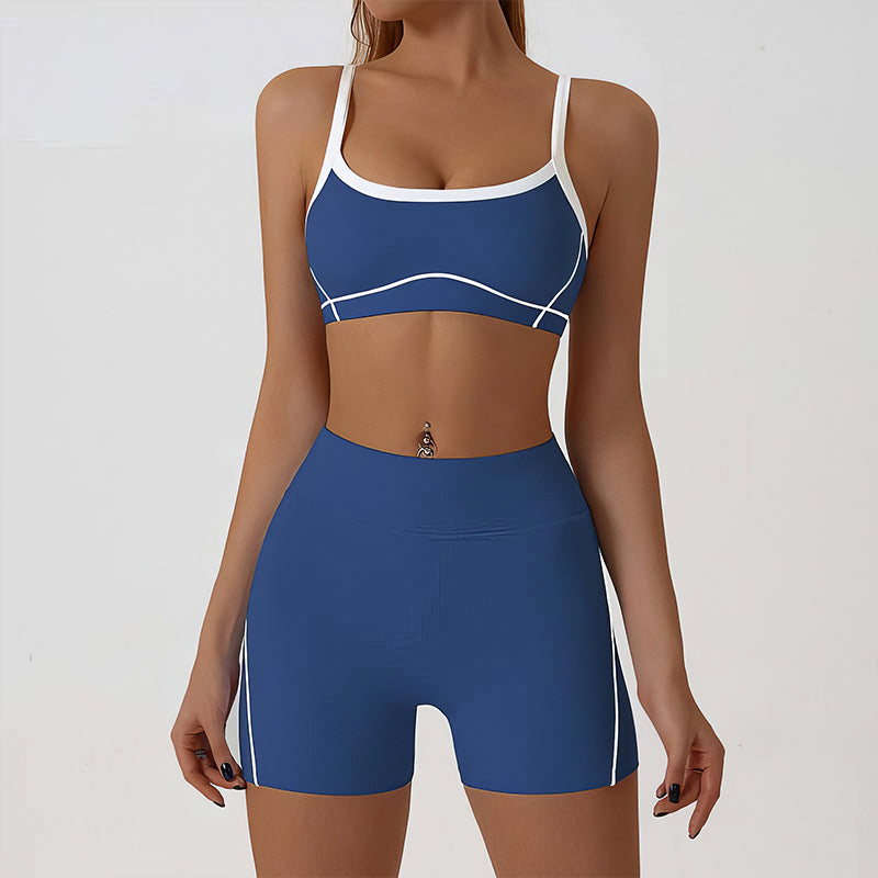 Wholesale color-blocked sports bra + high-elasticity shorts