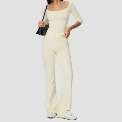Wholesale Women's Round Neck Mid-Sleeve Tops + Flare Pants Yoga Set