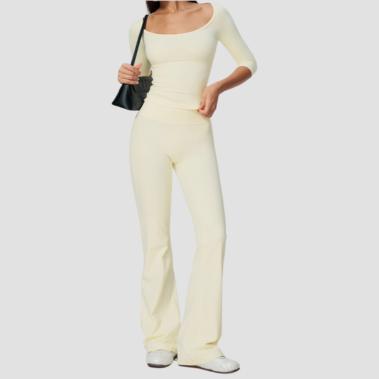 Wholesale Women's Round Neck Mid-Sleeve Tops + Flare Pants Yoga Set