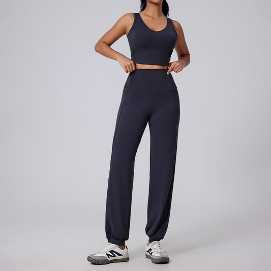 Correas anchas Tiga de tanque de yoga + Pantalones de cintura alta Conjunto de 2 piezas