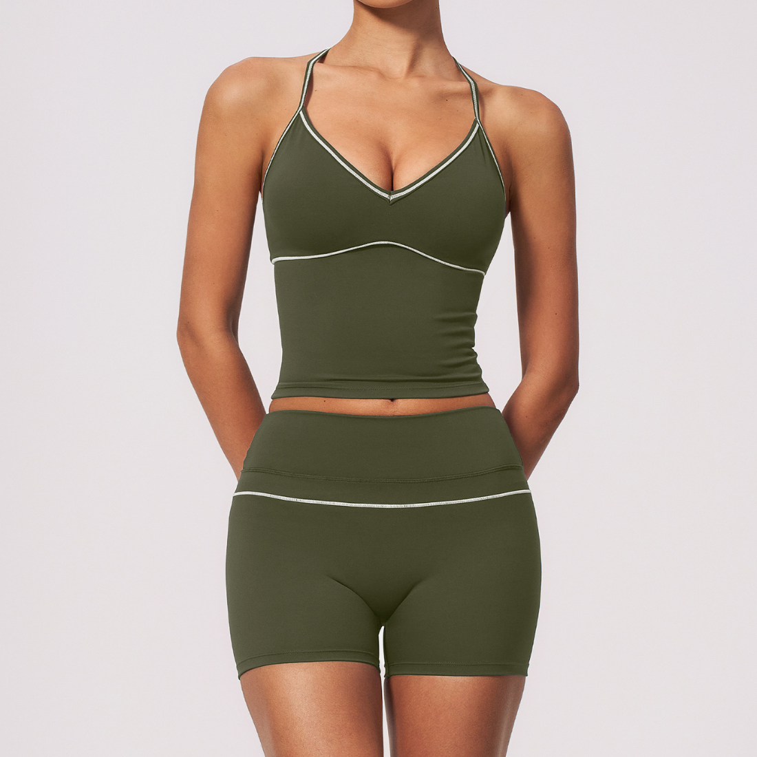 Wholesale Women's Brushed Yoga Set: Halter V-Neck Bra & Shorts – Colorblock Quick-Dry
