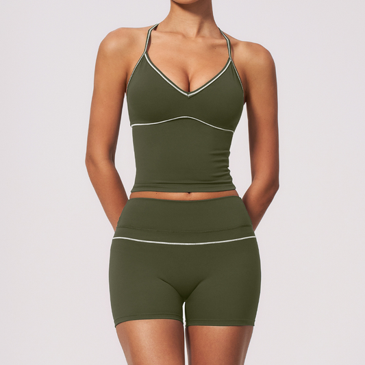 Wholesale Women's Brushed Yoga Set: Halter V-Neck Bra & Shorts – Colorblock Quick-Dry