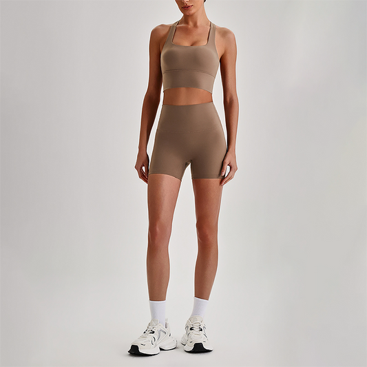 Wholesale Cross-Back Sports Bra & High-Waist Biker Shorts Set – Naked-Feel Quick-Dry Yoga 2-Piece