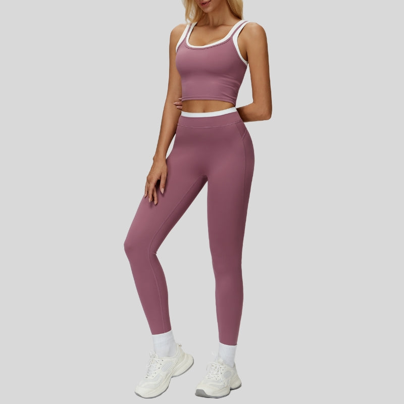 Two-piece contrasting sports tank top+sports leggings 2-piece set