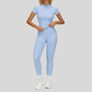 Slim-fit stand-up collar short-sleeved top+Pleated waistband sport leggings 2-piece set