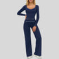 Color-blocked long-sleeved sports top+ High-waisted wide-leg pants 2-piece set