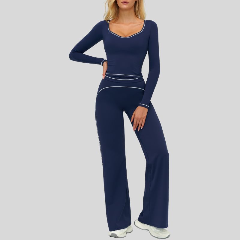 Color-blocked long-sleeved sports top+ High-waisted wide-leg pants 2-piece set