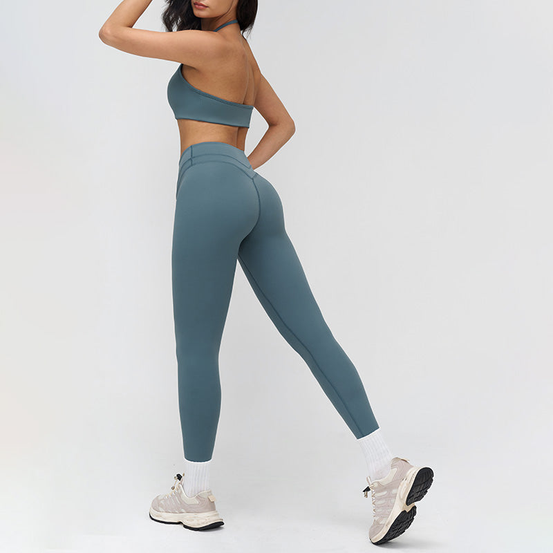 Halter-neck open-back sports bra + high-waisted leggings 2-piece set