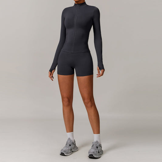 Seamless Full Zipper Fitness jackets + high waist shorts 2-piece set