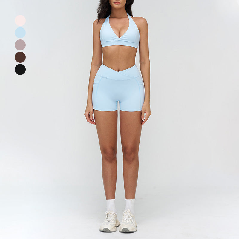 Halterneck backless bra + side pocket design shorts 2-piece set