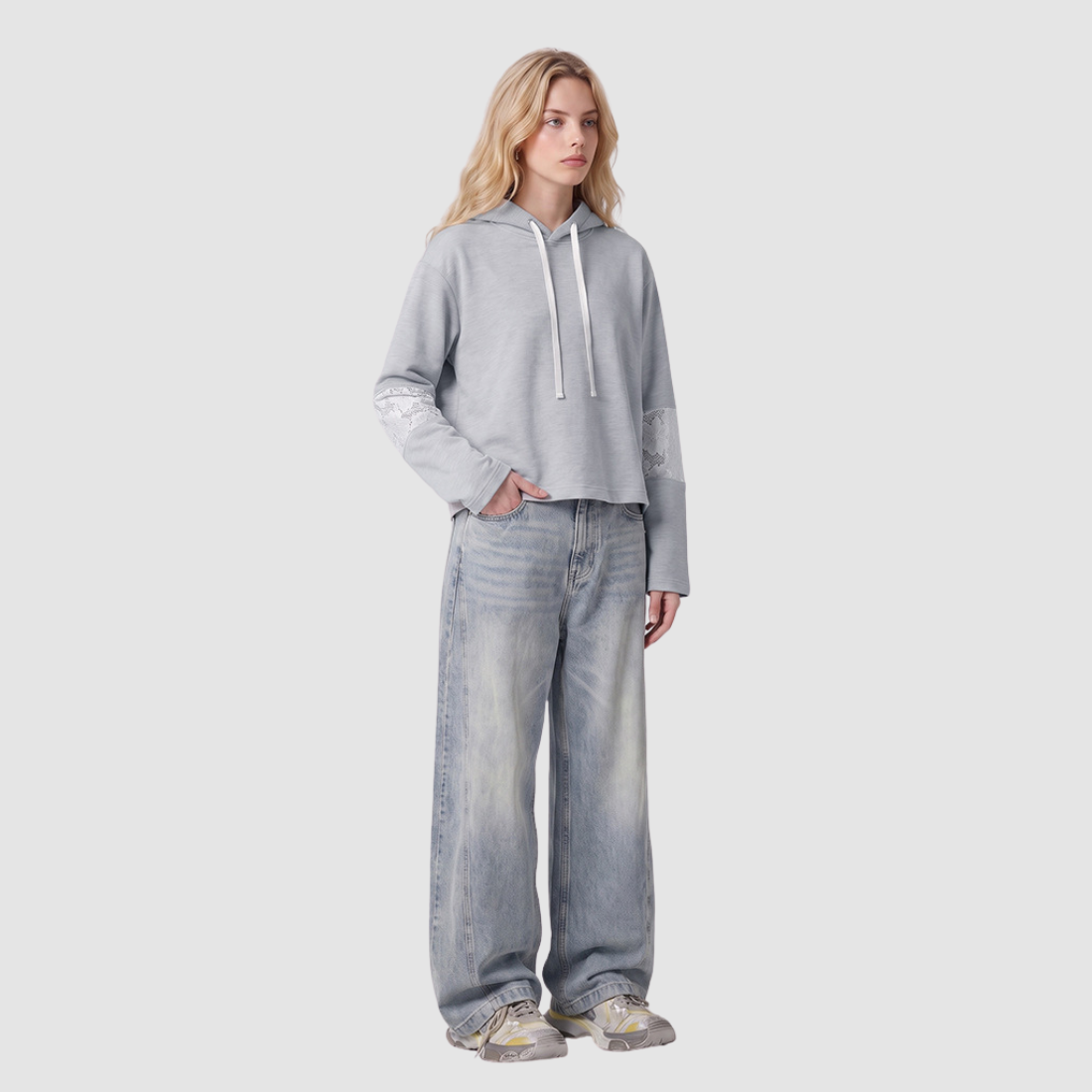 Wholesale Women’s Lace-Panel Hooded Sweatshirt – Fitted Cotton Blend