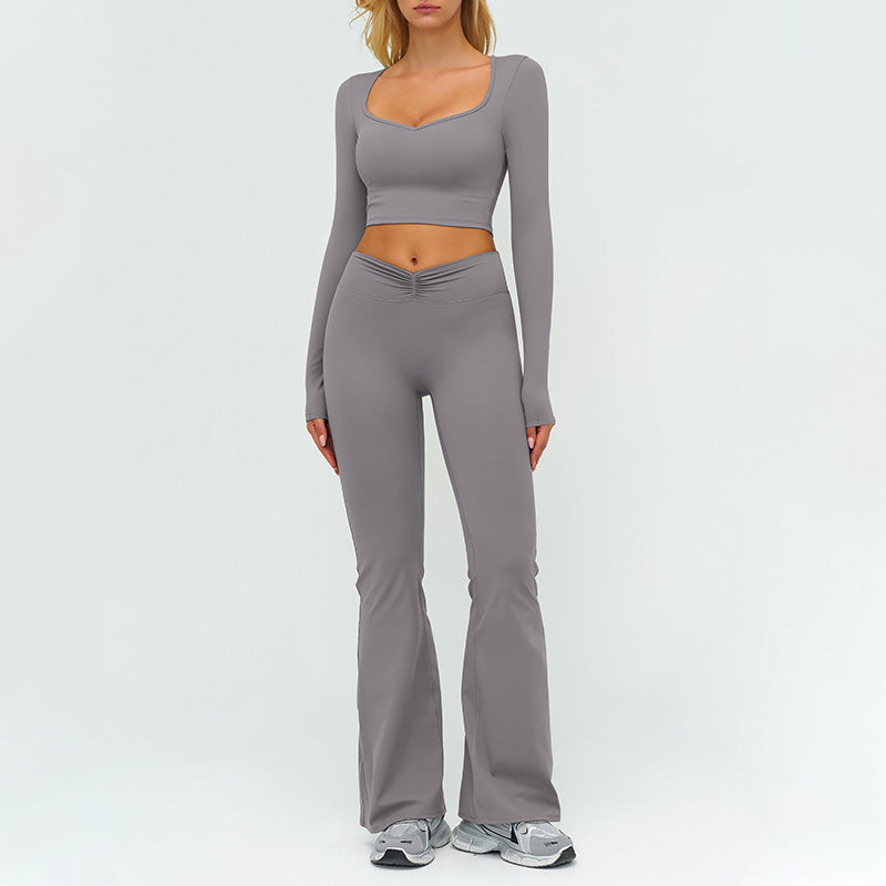 Slim-fitting long-sleeved top + High-waisted flared pants 2-piece set
