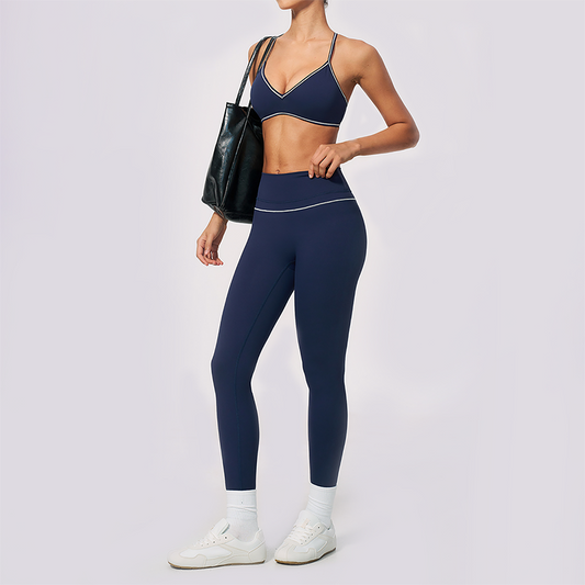Wholesale Women's Brushed Yoga Set: V-Neck Bra & Leggings – Colorblock Tummy Control