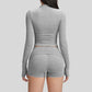 Yoga-inspired slim-fit long-sleeved top + tight-fitting shorts 2-piece set