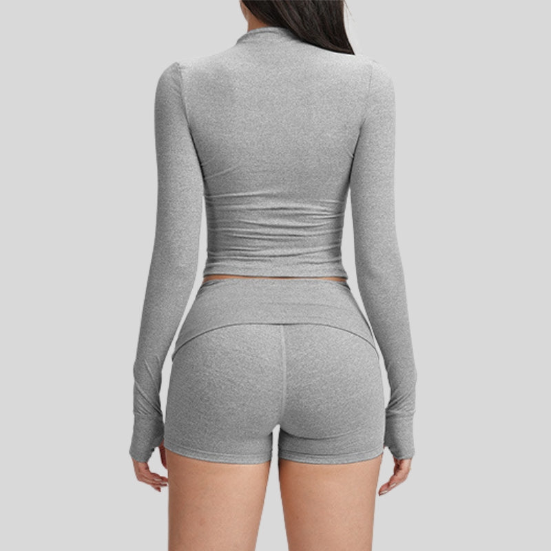 Yoga-inspired slim-fit long-sleeved top + tight-fitting shorts 2-piece set