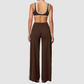 Nude-feel deep V bra + high waist + high-waisted color-blocked pants 2-piece set