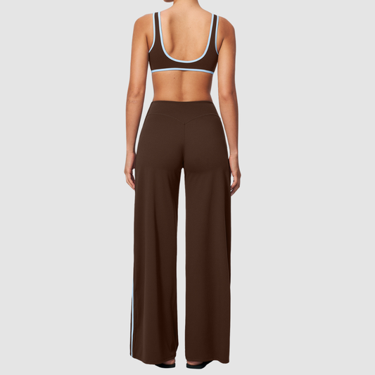 Nude-feel deep V bra + high waist + high-waisted color-blocked pants 2-piece set