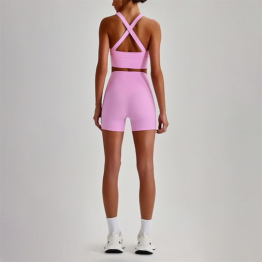 Wholesale Cross-Back Sports Bra & High-Waist Biker Shorts Set – Naked-Feel Quick-Dry Yoga 2-Piece