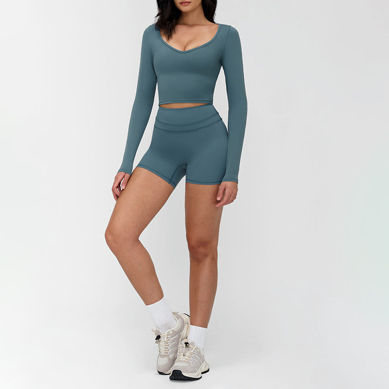 V-neck slim-fit long-sleeved top + High waist shorts 2-piece set