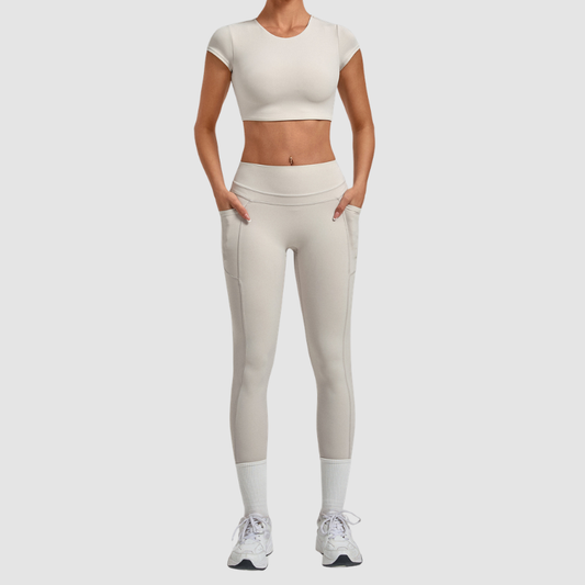 Wholesale Women's Naked-Feel Short Sleeve Crop Top + High-Waist Leggings Set – Moisture-Wicking Yoga Fitness Activewear