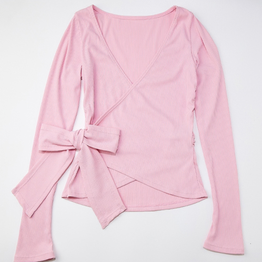 Wholesale Women's Ribbed V-Neck Tie-Front Long-Sleeve Yoga Cardigan