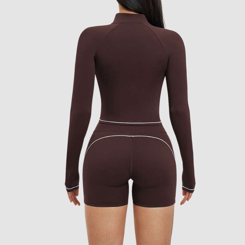 Wholesale color-blocked stand-collar zippered jacket + high-waisted tight shorts