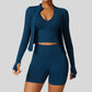 Sujetador de yoga sin costuras + pantalones cortos + set de 3 piezas con chaqueta de cremallera completa de manga larga